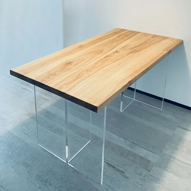 Modern Pine Solid Wood Table Rectangle Dining Table with Acrylic Double Pedestal Base