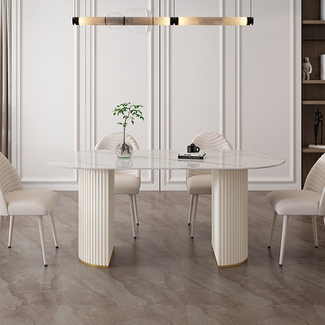 Oval Sintered Stone Dining Table Modern Table in White with Metal Double Pedestal