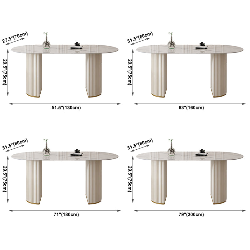 Oval Sintered Stone Dining Table Modern Table in White with Metal Double Pedestal