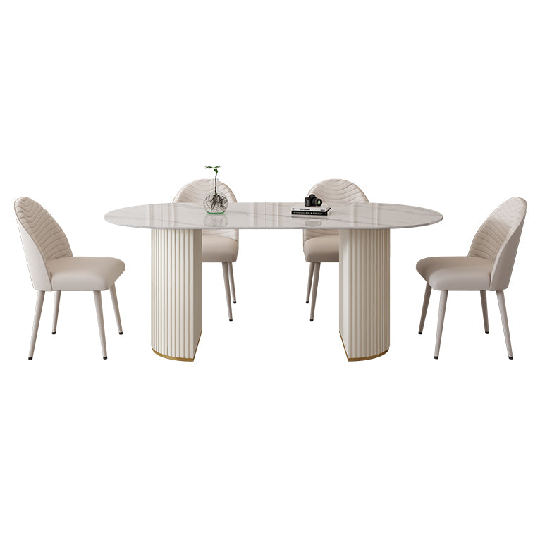 Oval Sintered Stone Dining Table Modern Table in White with Metal Double Pedestal
