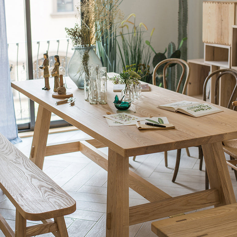 Moderne dennen vaste houten tafel rechthoek eettafel met houten schroefbasisbasis