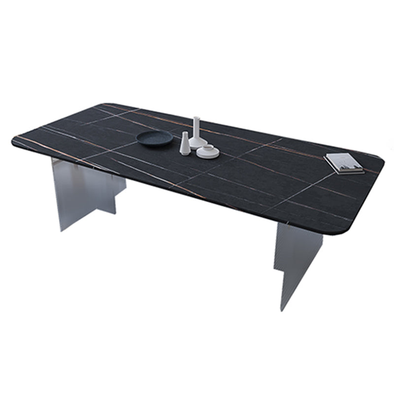 Contemporary Rectangle Dining Table Sintered Stone Dining Table with Clear Acrylic Double Pedestal