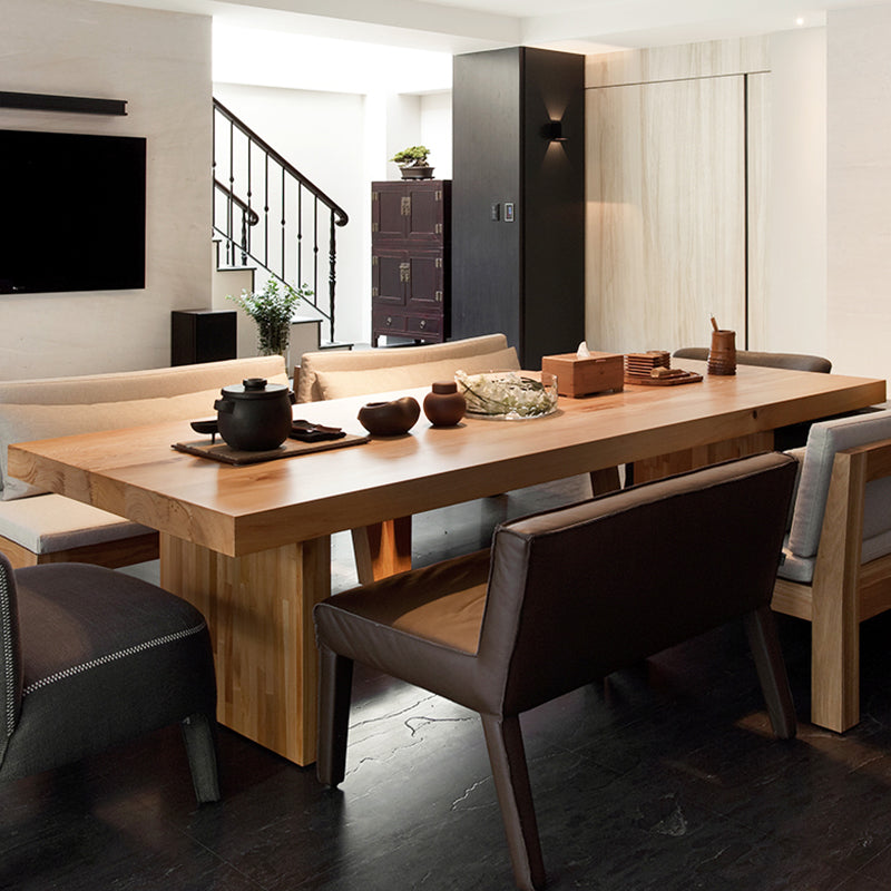 Rectangle Casual Dining Table Brown Tone Fixed Table with Pinewood Solid Wood