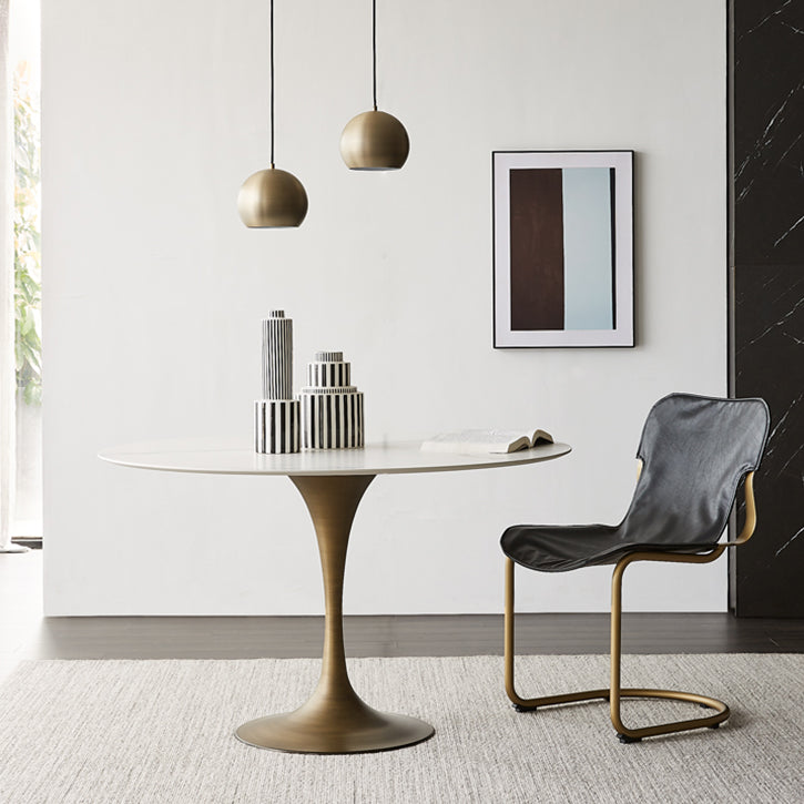 Contemporary Round Dining Table Sintered Stone Table with Brass Tulip Base