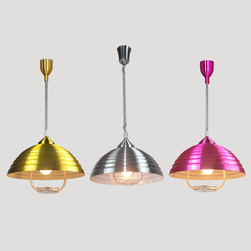 1-Light Hanging Lamp, Modern Ribbed Dome Shade Metal Pendant Light for Living Room