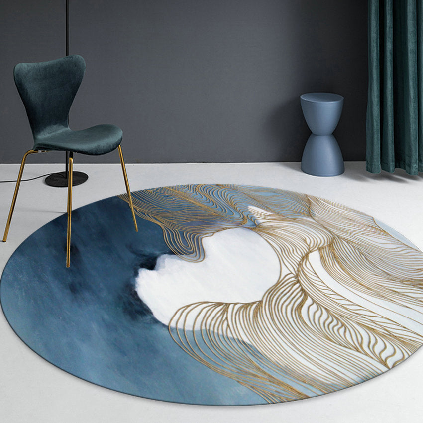 Blue Tone Ink Blooming Rug Polyester Carpet Bold Non-Slip Backing Indoor Rug for Home Decor
