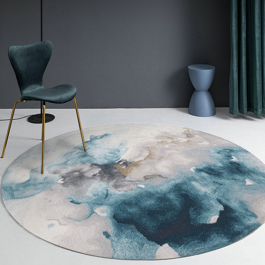 Blue Tone Ink Blooming Rug Polyester Carpet Bold Non-Slip Backing Indoor Rug for Home Decor