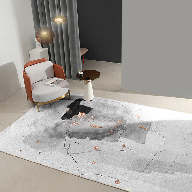 Simplicity Abstract Ink Printed Rug Gray Tone Polyester Area Carpet Easy Care Rug for Living Room
