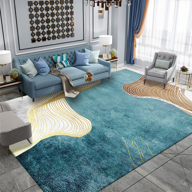 Blue Tone Nordic Indoor Rug Polyester Abstract Print Carpet Non-Slip Backing Rug for Living Room