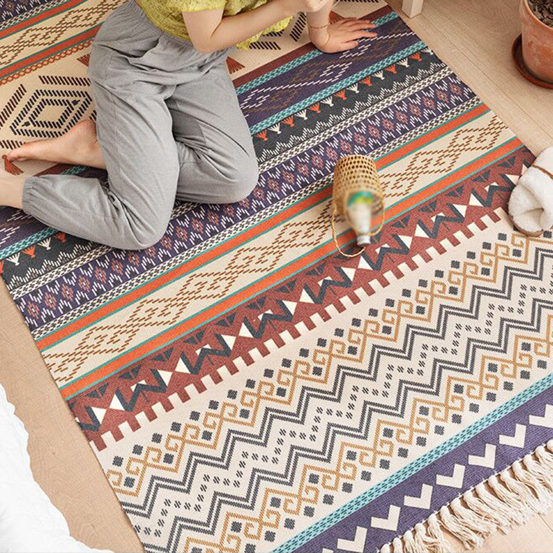 Classical Boho-Chic Rug Hand-Knitted Carpet with Fringe Cotton Blend Area Rug for Home Decoration