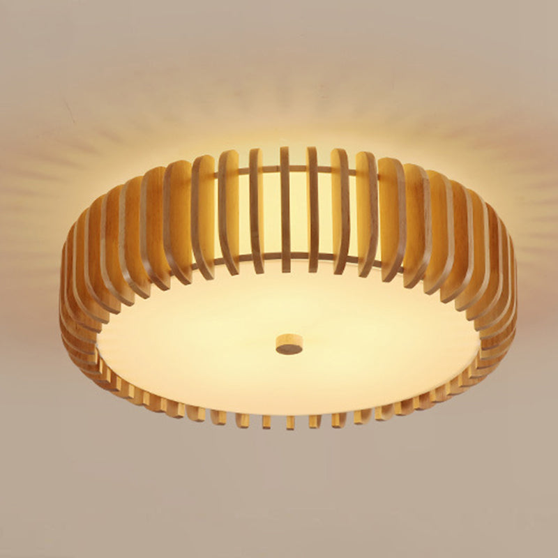 Wooden Flush Mount Ceiling Light Asian Style Living Room Round Shape Ceiling Mount Light