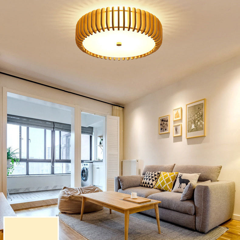 Wooden Flush Mount Ceiling Light Asian Style Living Room Round Shape Ceiling Mount Light