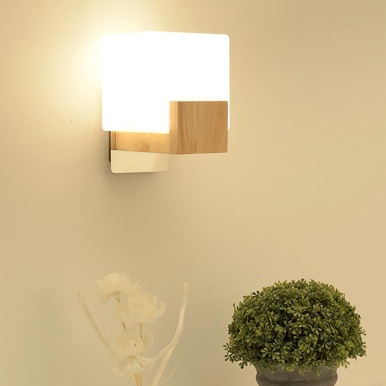 Wood Squared Wall Sconce Lighting Minimalist Style Wood Wall Mounted Light Fixture
