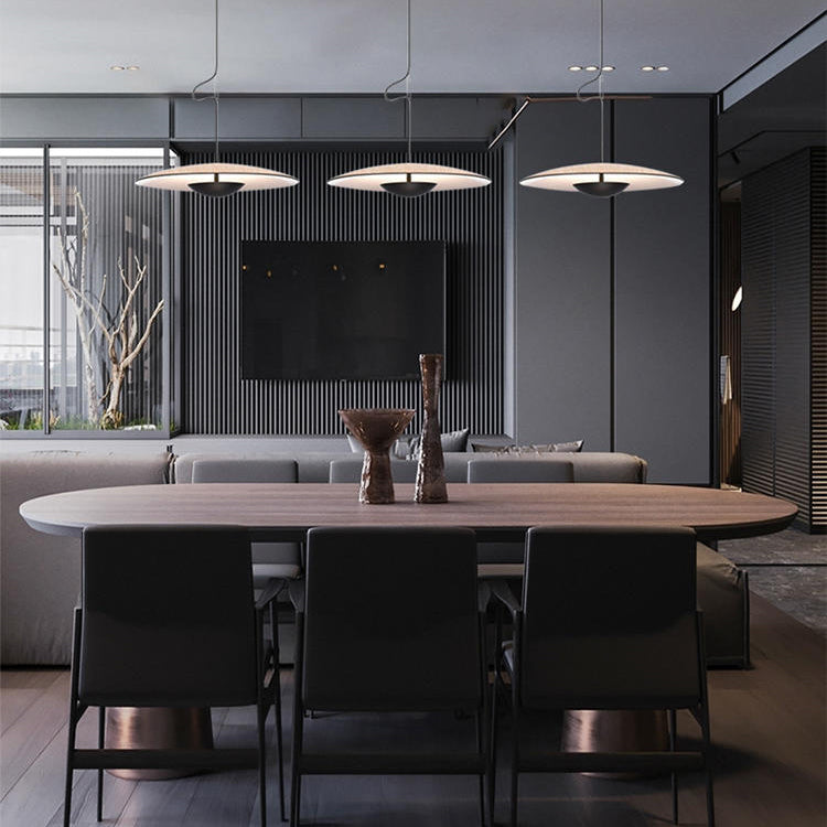 Luce a ciondolo interno minimalista, illuminazione a sospensione in metallo piatto in metallo a 1 luce