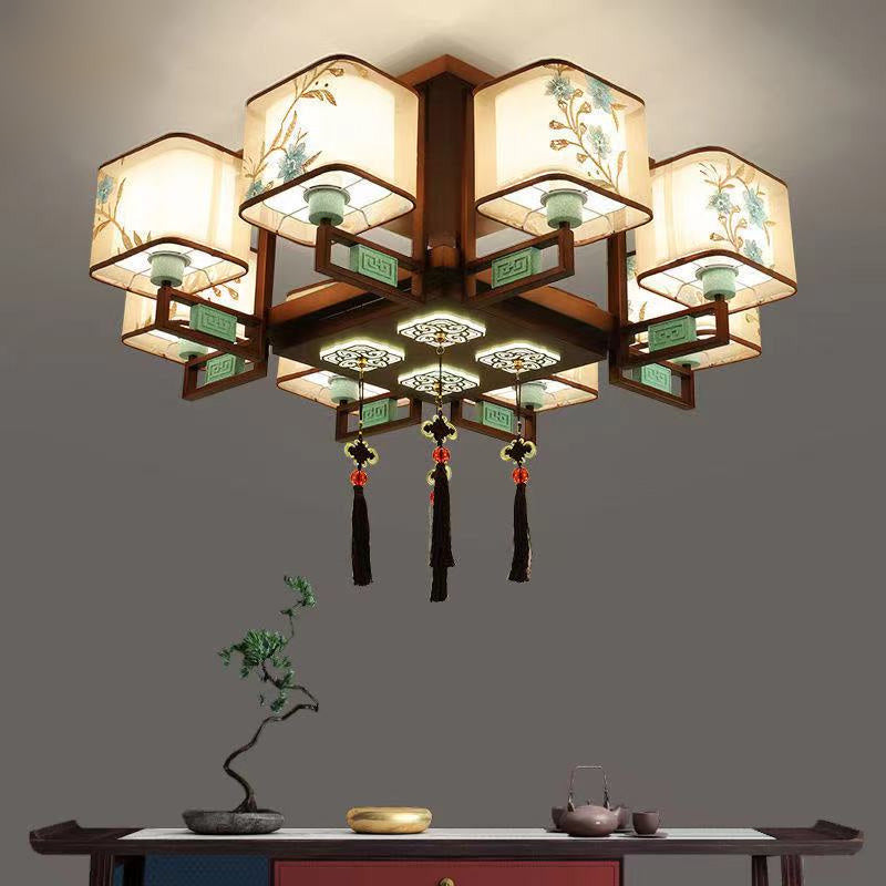 Plafonnier encastré en tissu de style chinois, 4/6/8 ampoules, pour salon