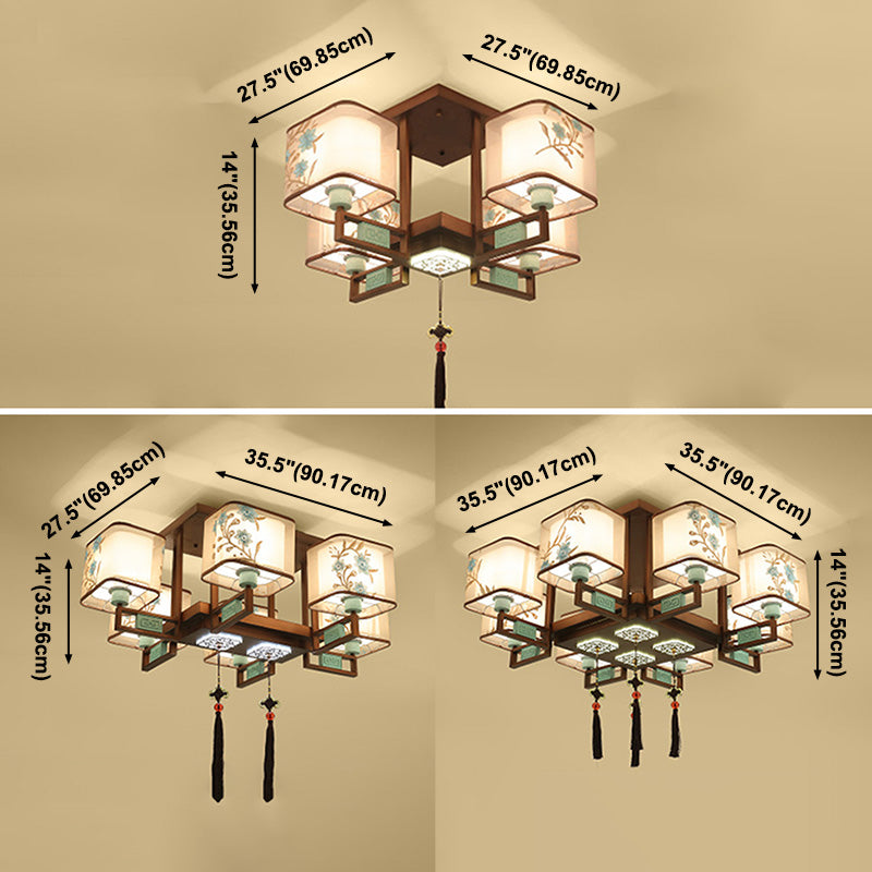 Plafonnier encastré en tissu de style chinois, 4/6/8 ampoules, pour salon