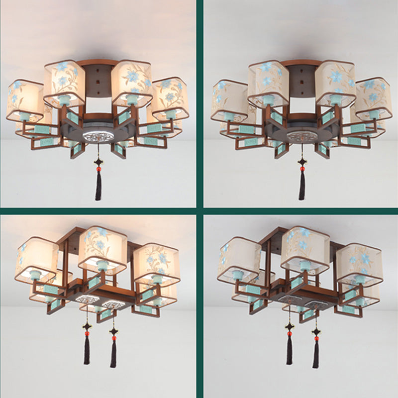 Plafonnier encastré en tissu de style chinois, 4/6/8 ampoules, pour salon