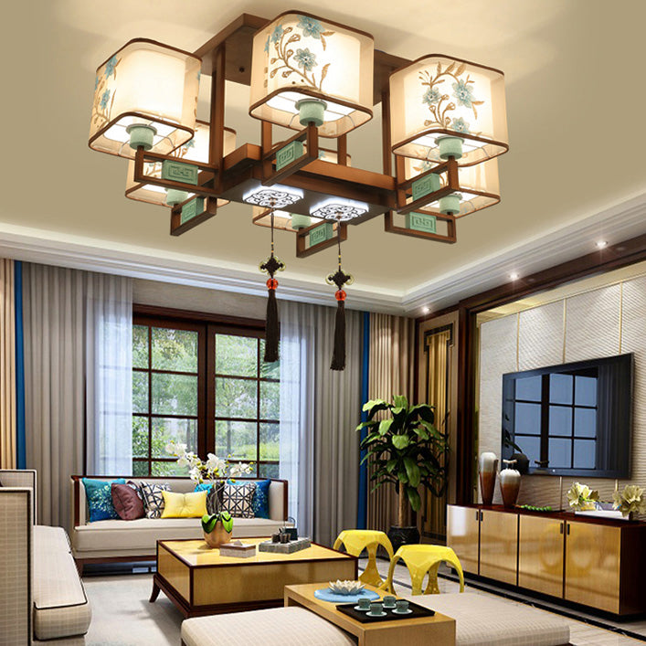 Plafonnier encastré en tissu de style chinois, 4/6/8 ampoules, pour salon