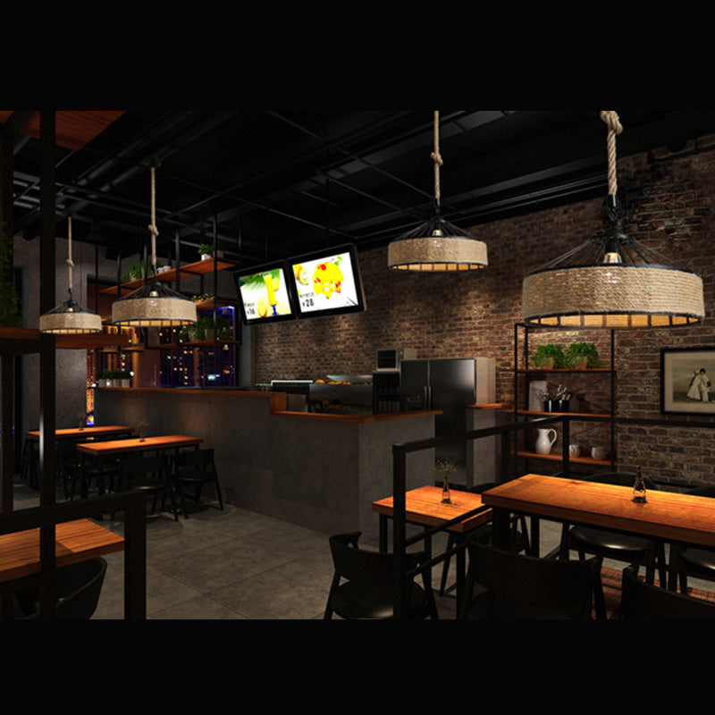 Touw beige plafond hanger lichte drum industriële stijl commerciële hangerverlichting