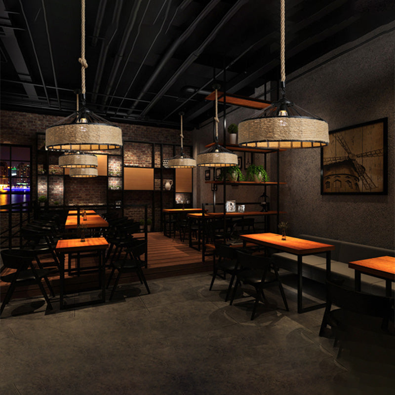 Touw beige plafond hanger lichte drum industriële stijl commerciële hangerverlichting