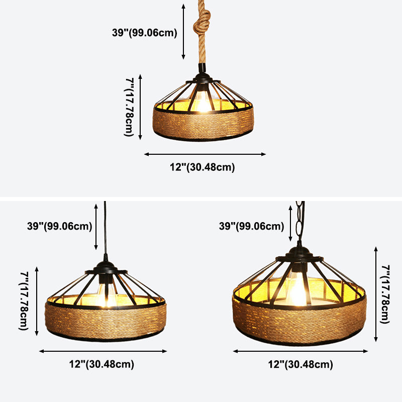 Rope Drum Pendant Light Fixture Warehouse-Style Restaurant Hanging Light Kit in Beige