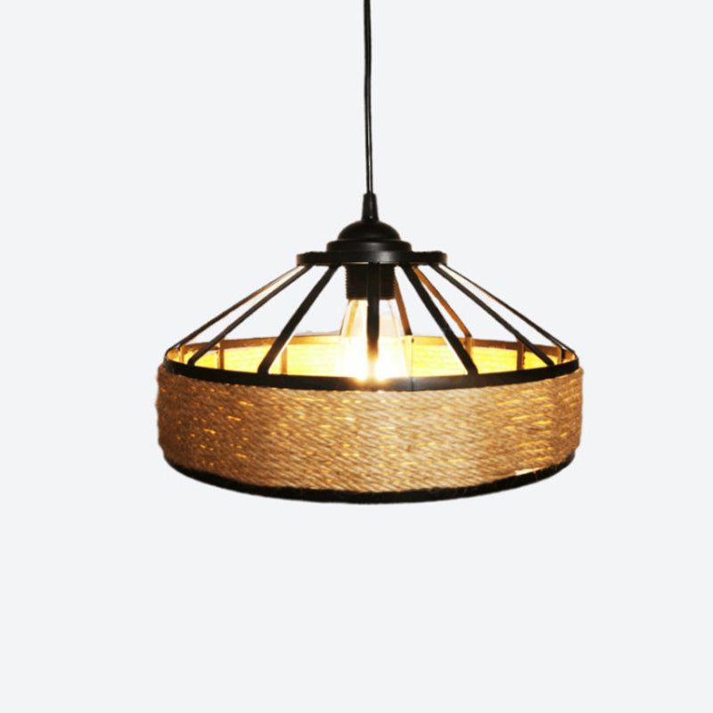 Rope Drum Pendant Light Fixture Warehouse-Style Restaurant Hanging Light Kit in Beige