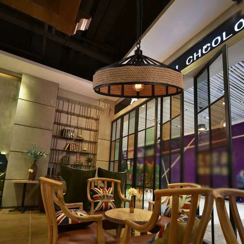 Rope Drum Pendant Light Fixture Warehouse-Style Restaurant Hanging Light Kit in Beige