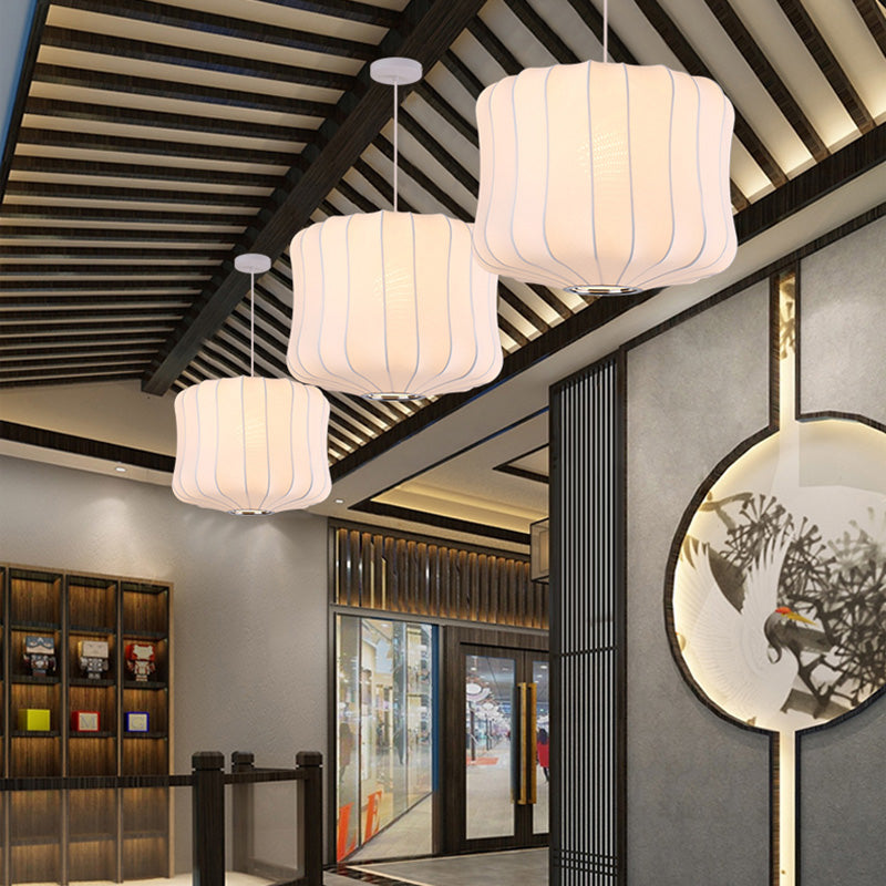 White Shaded Pendant Lighting Fixture Modern Fabric Hanging Ceiling Light for Restaurant