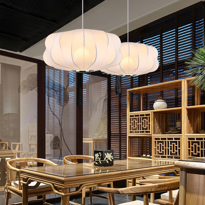 White Shaded Pendant Lighting Fixture Modern Fabric Hanging Ceiling Light for Restaurant