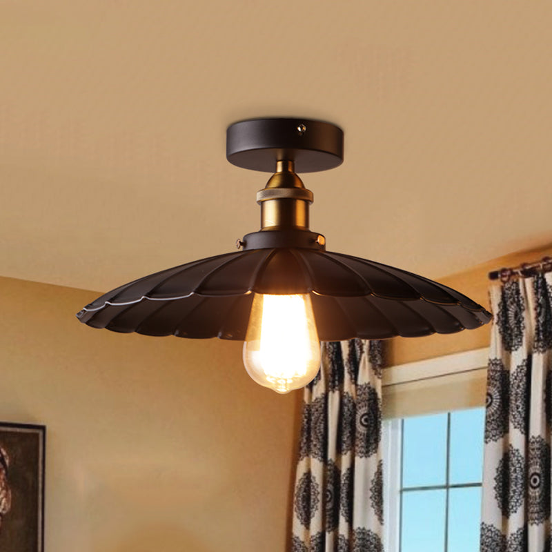 1 Light Round Shade Semi Flush Mount Light Industrial Iron Ceiling Lamp