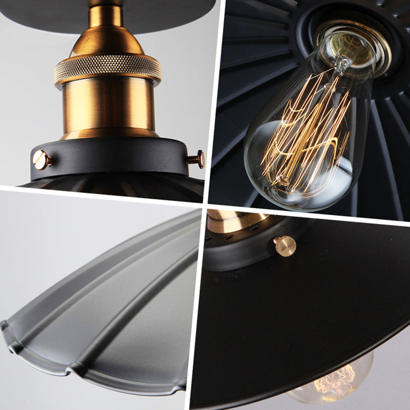 1 Light Round Shade Semi Flush Mount Light Industrial Iron Ceiling Lamp
