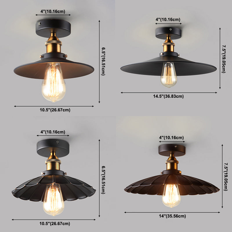 1 Light Round Shade Semi Flush Mount Light Industrial Iron Ceiling Lamp