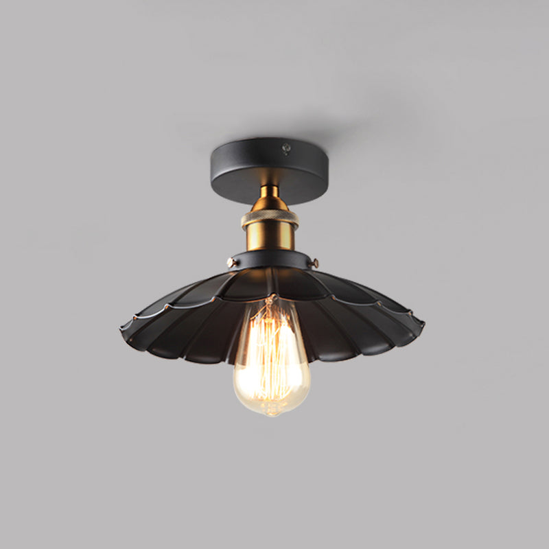 1 Light Round Shade Semi Flush Mount Light Industrial Iron Ceiling Lamp