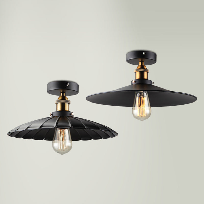1 Light Round Shade Semi Flush Mount Light Industrial Iron Ceiling Lamp
