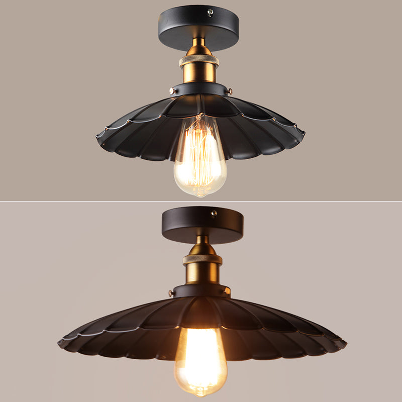 1 Light Round Shade Semi Flush Mount Light Industrial Iron Ceiling Lamp