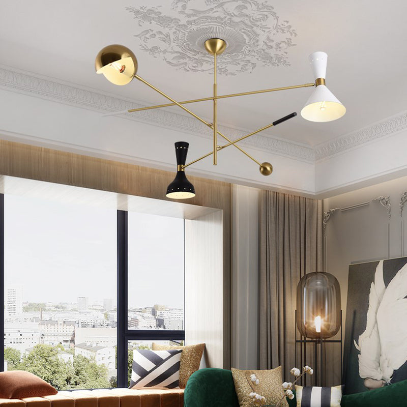 Postmodern 3-Light Chandelier Brass-White-Black Sputnik Hanging Light with Metal Shade