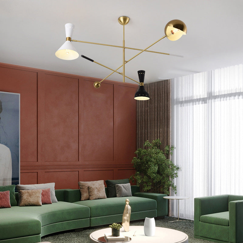 Postmodern 3-Light Chandelier Brass-White-Black Sputnik Hanging Light with Metal Shade
