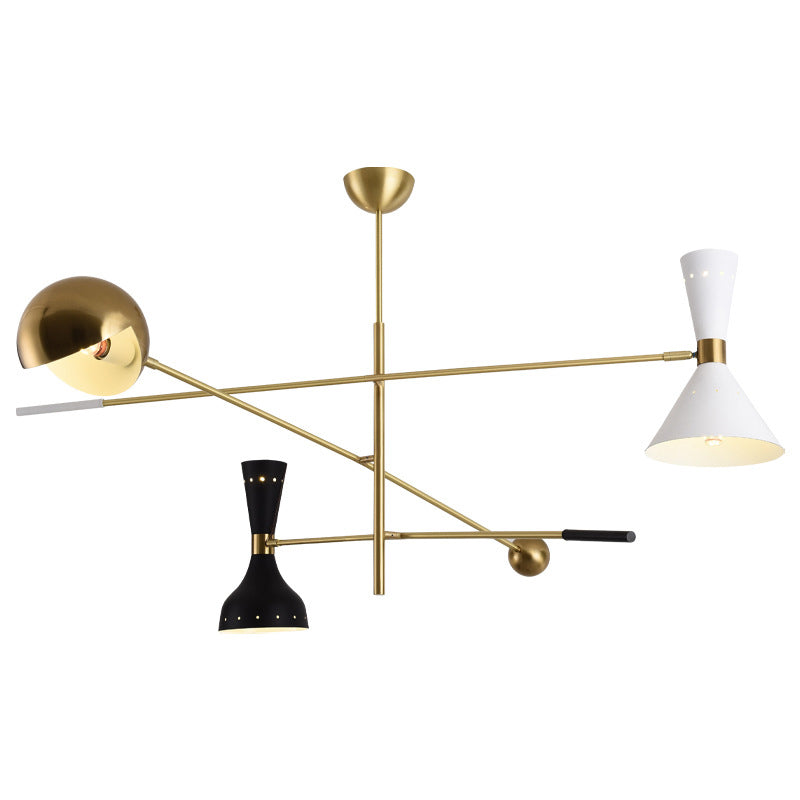 Postmodern 3-Light Chandelier Brass-White-Black Sputnik Hanging Light with Metal Shade