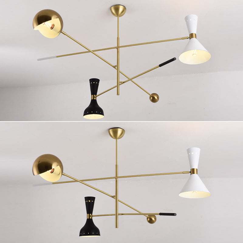 Postmodern a 3 luci lampadario a 3 luci in ottone-bianco-nero Sputnik Appedisci la luce con tonalità metallica