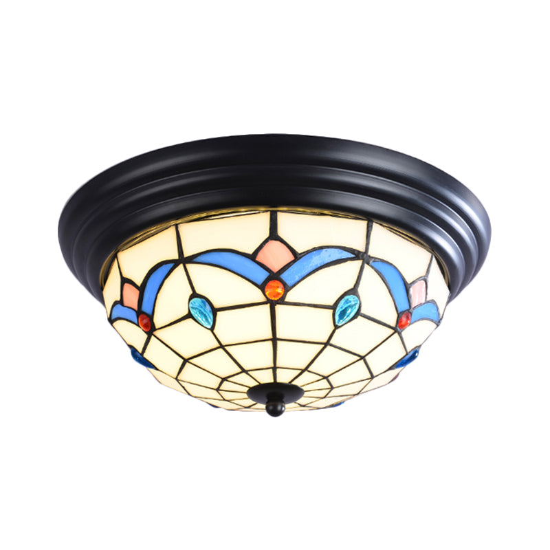 11"/15" Brede Tiffany Bowl Flush Mount Fixture 3 Lichten gesneden Glas Flush Plafond Licht in Wit voor Corridor