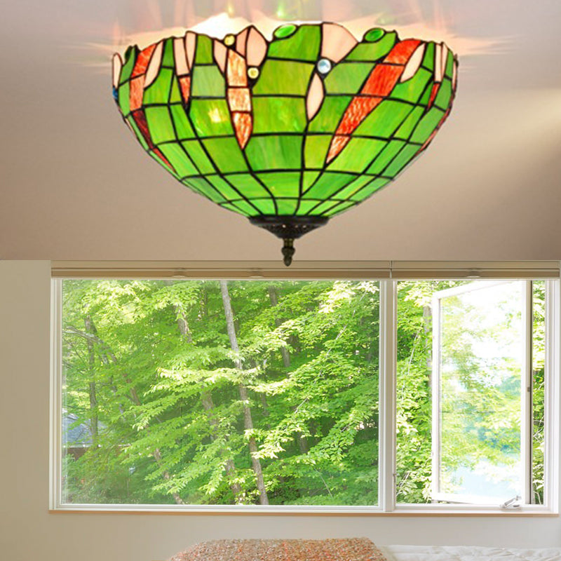 Cut Glass Domed Flush Mount Lighting Fixture Baroque 3 Lights Green Flush Light for Corridor