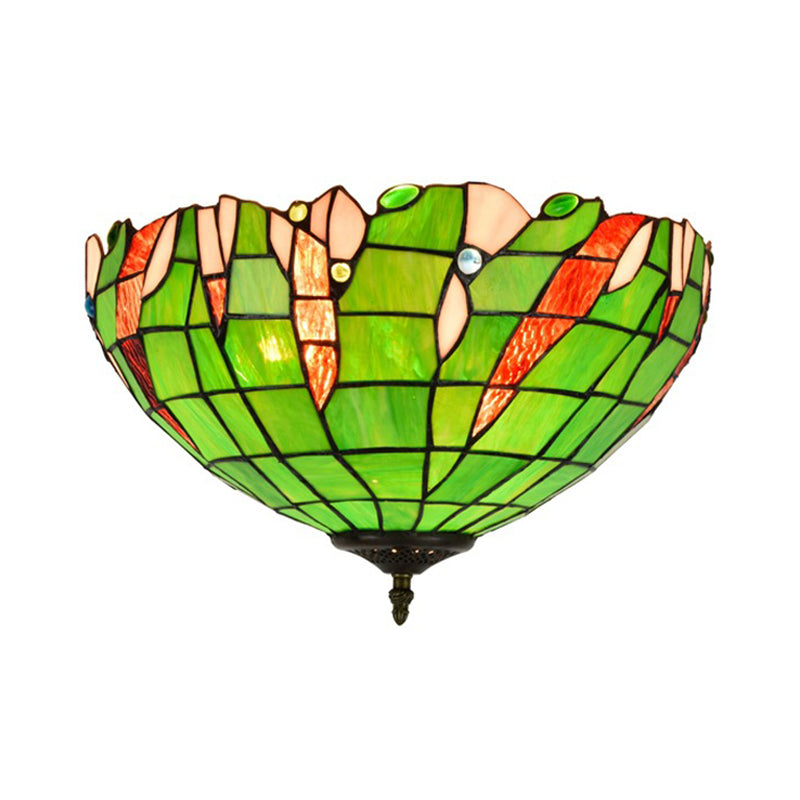 Cut Glass Domed Flush Mount Lighting Fixture Baroque 3 Lights Green Flush Light for Corridor