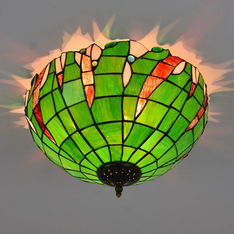 Cut Glass Domed Flush Mount Lighting Fixture Baroque 3 Lights Green Flush Light for Corridor