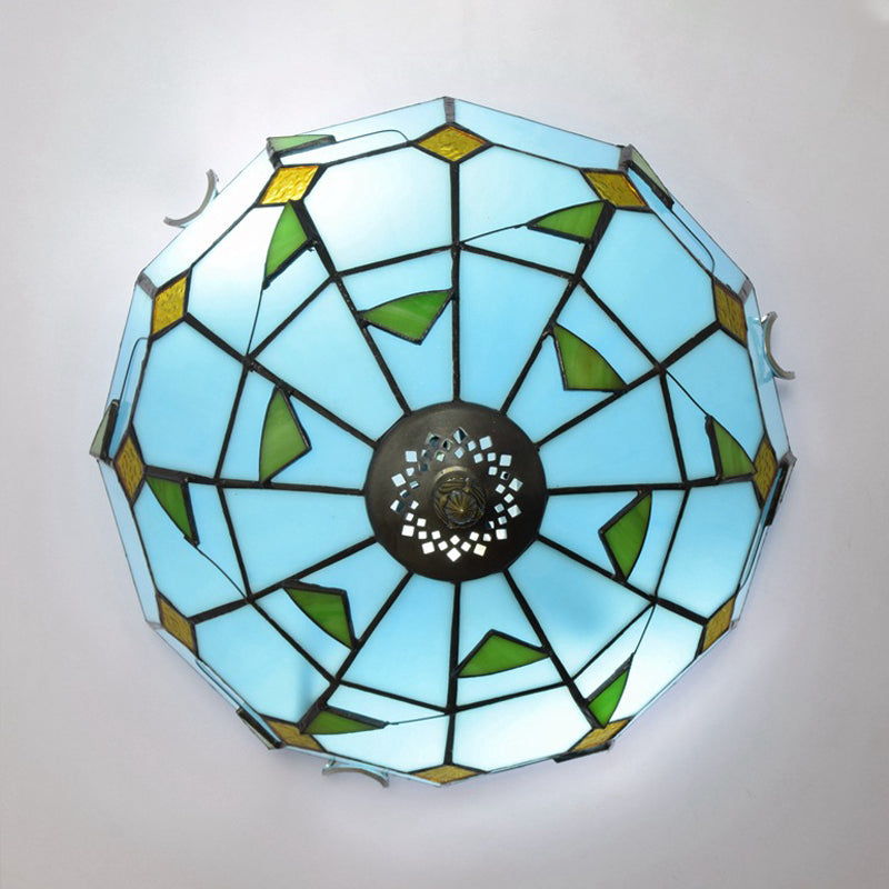 12"/16" Wide Blue Leaf Flush Ceiling Light Tiffany 2/3 Lights Stained Glass Flush Mount Lamp