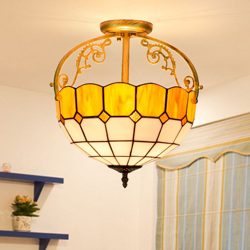 Grid Patterned Cut Glass Semi Flush Mount Baroque 2 Lights Yellow/Orange/Blue Ceiling Lighting for Dining Room
