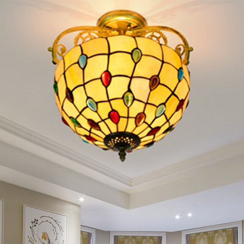 Grid Patterned Cut Glass Semi Flush Mount Baroque 2 Lights Yellow/Orange/Blue Ceiling Lighting for Dining Room