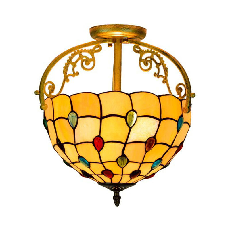 Grid Patterned Cut Glass Semi Flush Mount Baroque 2 Lights Yellow/Orange/Blue Ceiling Lighting for Dining Room