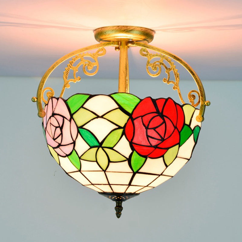 Rose Semi Flush Mount Lighting 2 Lights Stained Glass Mediterranean Ceiling Mounted Fixture in Red/Pink/Blue