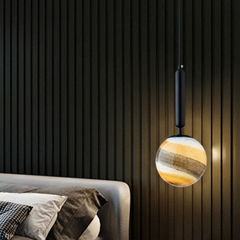 1 Light Bedroom Pendant Lamp Contemporary Gold/Black Hanging Ceiling Light with Spherical Frosted Glass Shade