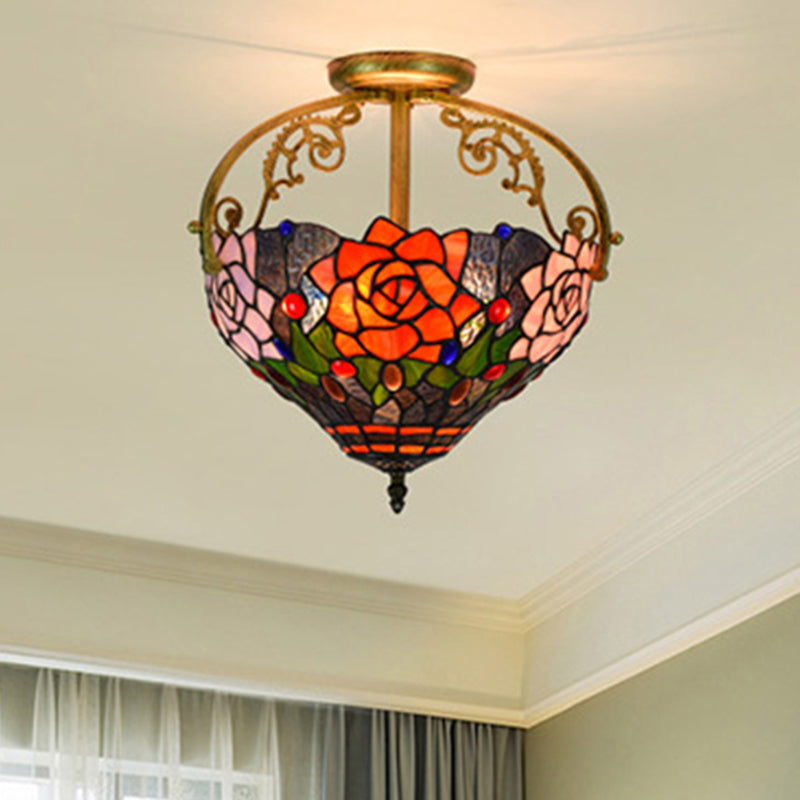 2 Lights Floral Bush Semi Flush Light Fixture Victorian Red/Pink/Green Cut Glass Ceiling Flush for Corridor